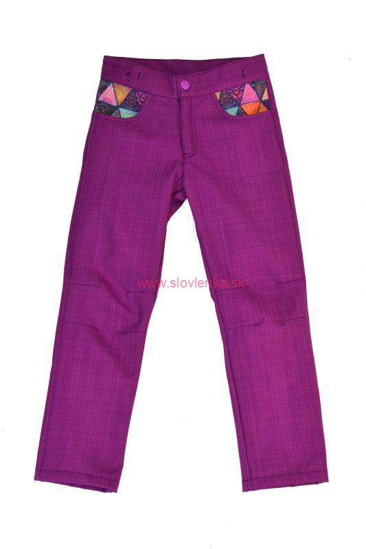 Detské nohavice bambusový softshell - na cvok - ostružina/mandalové trojúhelníky, veľ.122-134