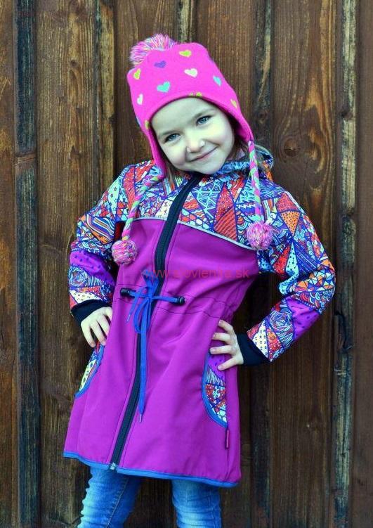 Softshellový kabátik na stiahnutie v pase fuchsie/bláznivé trojuholníky,veľ. 140-152