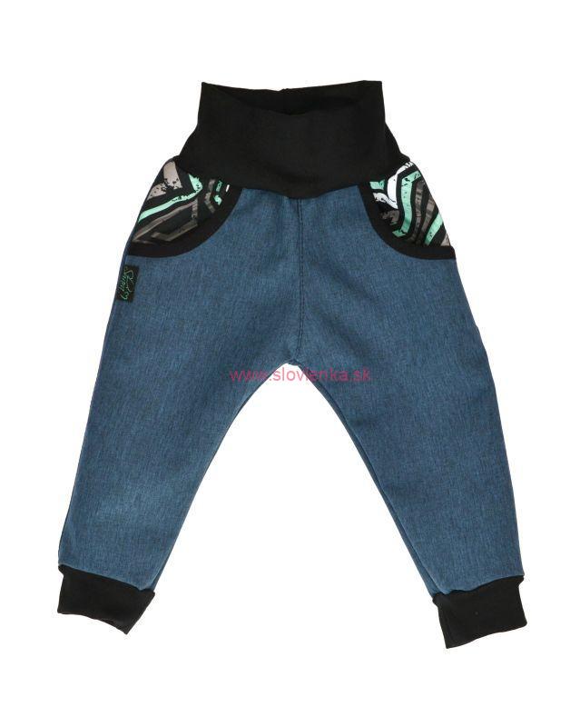 Detské nohavice softshellové rastúce - med/bláznivé trojuholníky veľ. 80-116