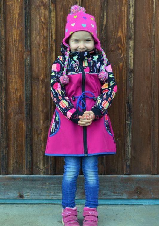 Softshellový kabátik na stiahnutie v pase malina/meduzy, veľ.86-116