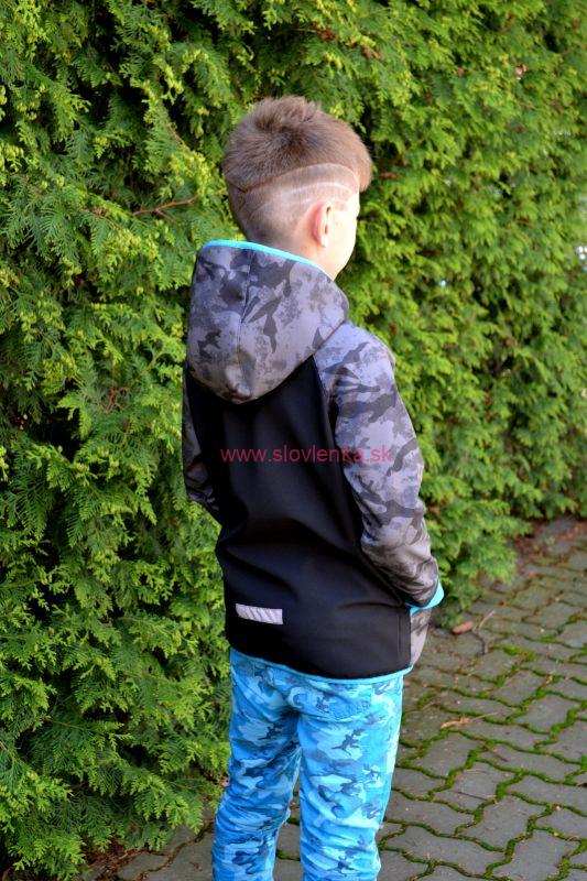 Softshellová bunda -  maskáčová šedá/tyrkysové doplnky, veľ.80-116