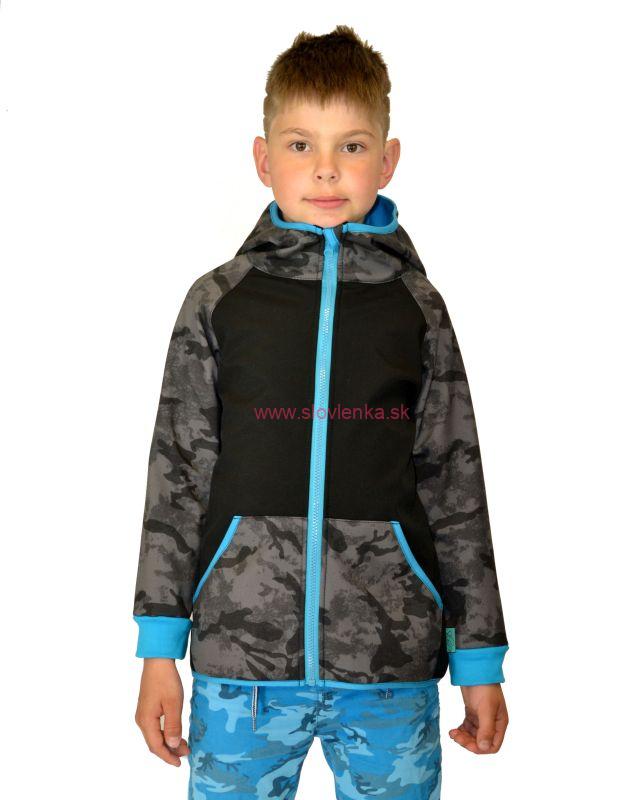Softshellová bunda -  maskáčová šedá/tyrkysové doplnky, veľ.80-116