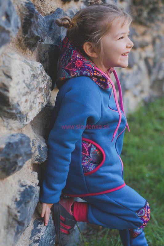 Detské tepláky petrolej s ornamentmi, dvojité kolena