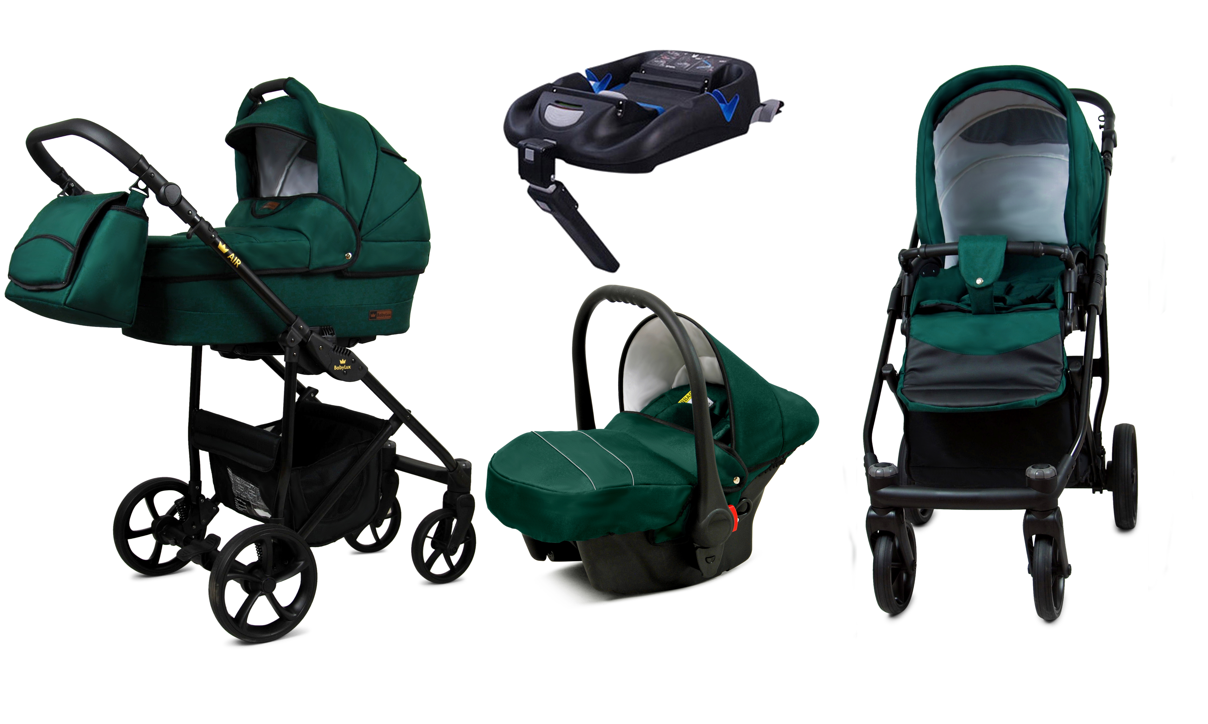 Detský kočík 4v1 BabyLux AIR ALU Bottle Green + isofix základňa